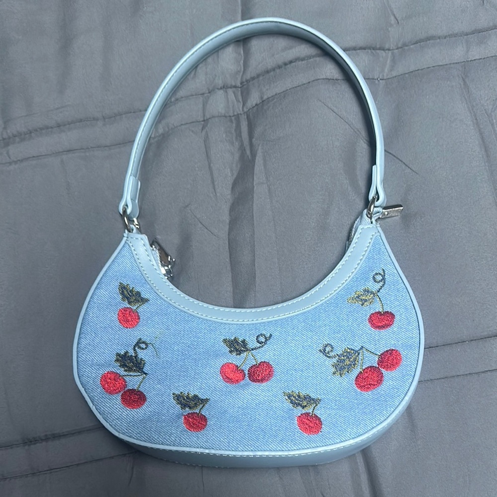 Light Blue Cherry Embroidered Womens Shoulder Bag